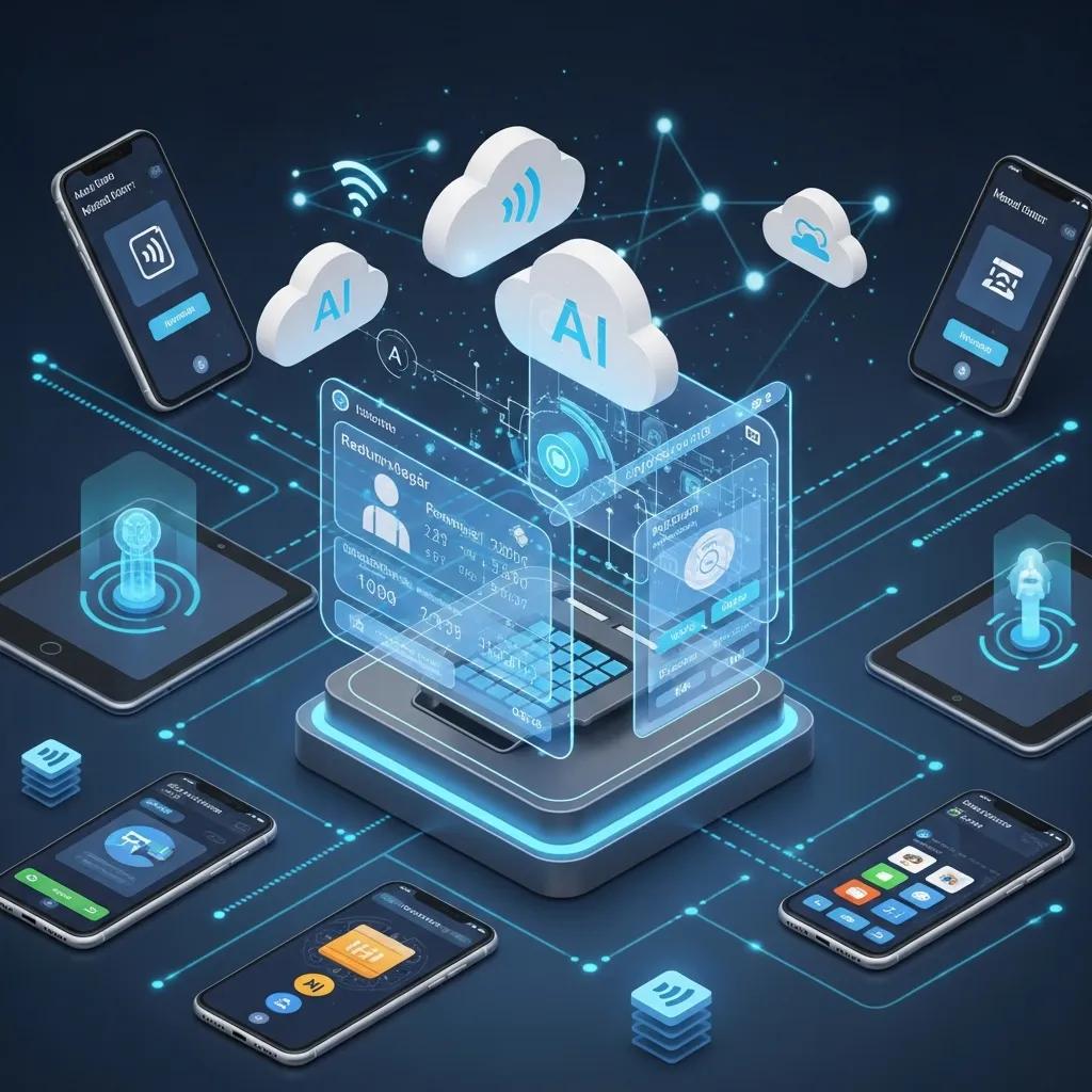 Futuristic retail POS system showcasing emerging trends like AI and mobile payments in a modern setting