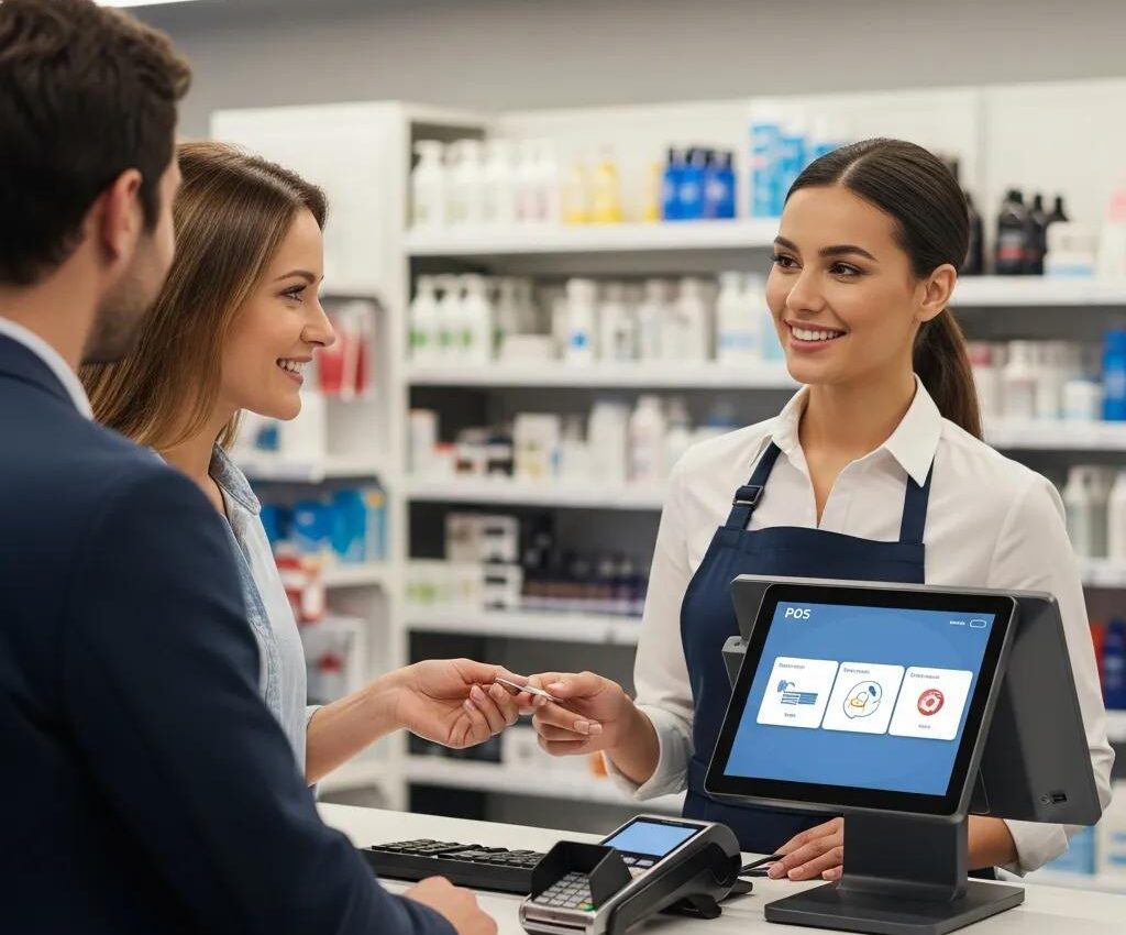 Modern retail environment with a cashier using a Point of Sale system, highlighting customer interaction