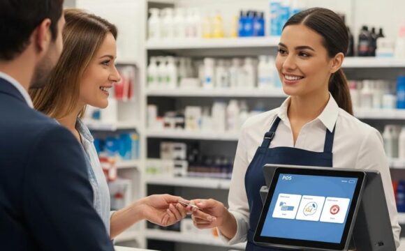 Modern retail environment with a cashier using a Point of Sale system, highlighting customer interaction