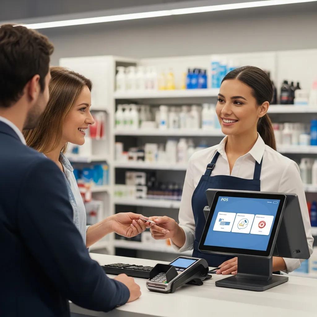 Modern retail environment with a cashier using a Point of Sale system, highlighting customer interaction